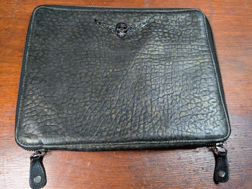 Zadig & Voltaire Black Leather Zip Tablet Sleeve Laptop Case Winged Skull 8x10